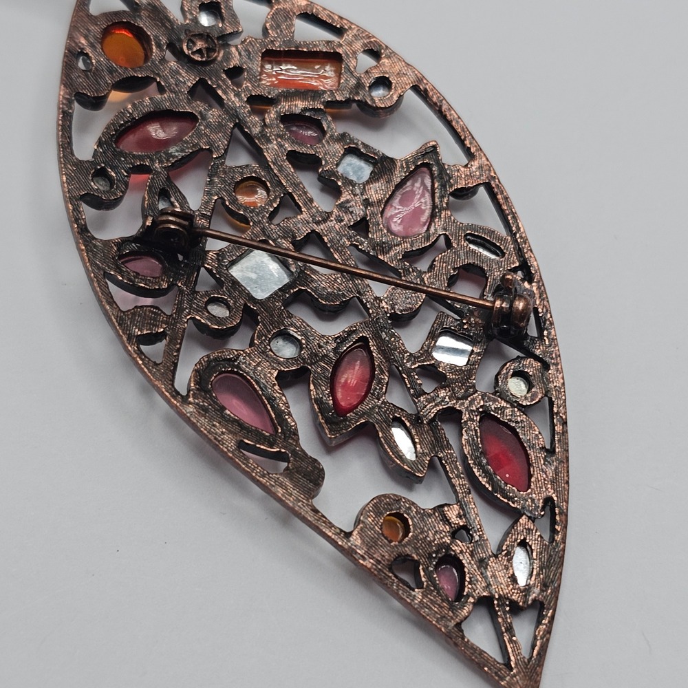 Vtg Leaf Brooch Pin Red Orange Copper Tone Rhinestone Autumn Fall Statement - Picture 9 of 15